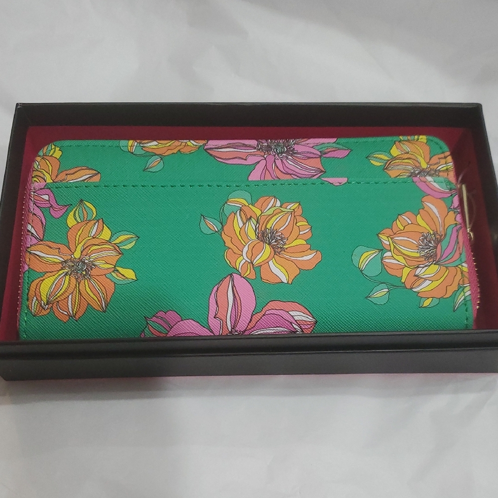 Trina Turk green pink orange hibiscus flowers tropical floral print print wallet